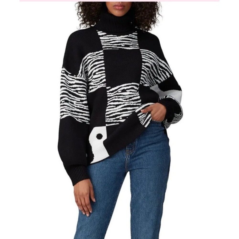 Staud Zedd Sweater L Black White Zebra Print Yin Yang Turtleneck Oversized Knit